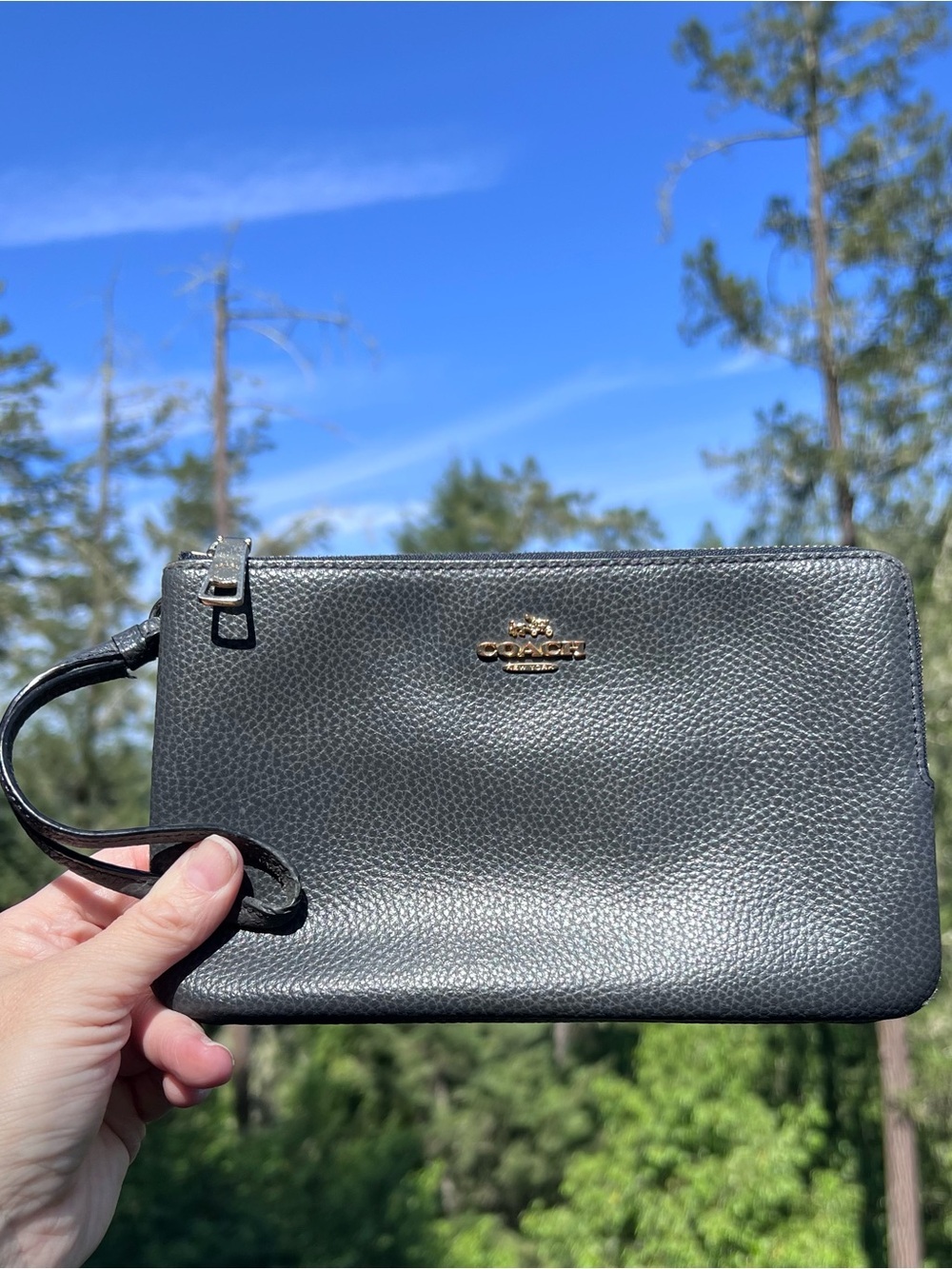 COACH Double Zip Wristlet Phone Wallet Navy Pebble Leather Gold Hardware AUTHNTC